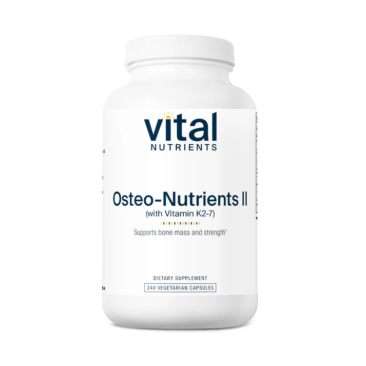 A white bottle of "Osteo-Nutrients II" dietary supplement by Vital Nutrients, containing 240 vegetarian capsules, supports bone health.