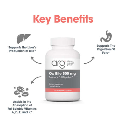 Suggested Use instructions with Ox Bile 500 mg bottle used to aid fat digestion