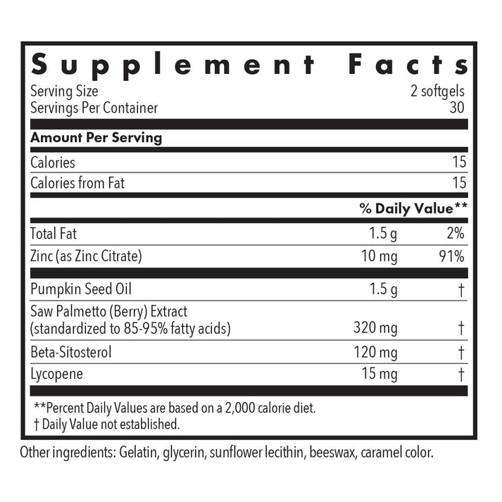 Supplement Facts panel for Palmetto Complex II softgels showing saw palmetto extract, pumpkin seed oil, beta-sitosterol, zinc, and lycopene