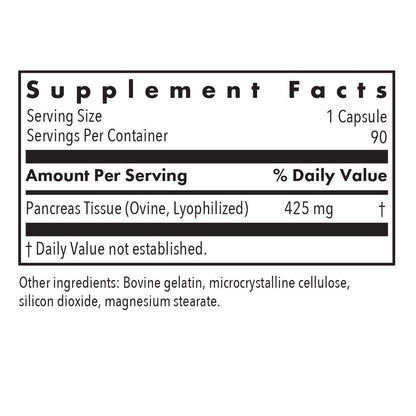 Supplement Facts panel for Pancreas Lamb natural glandular showing lamb pancreas tissue per serving and serving information