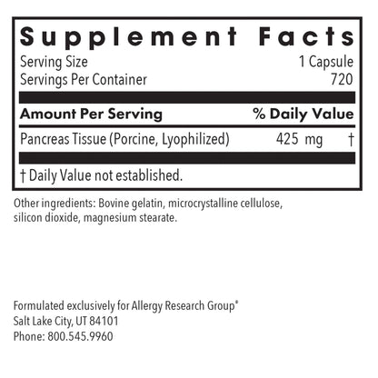 Supplement Facts panel for Pancreas Pork natural glandular supplement showing porcine pancreas tissue per serving