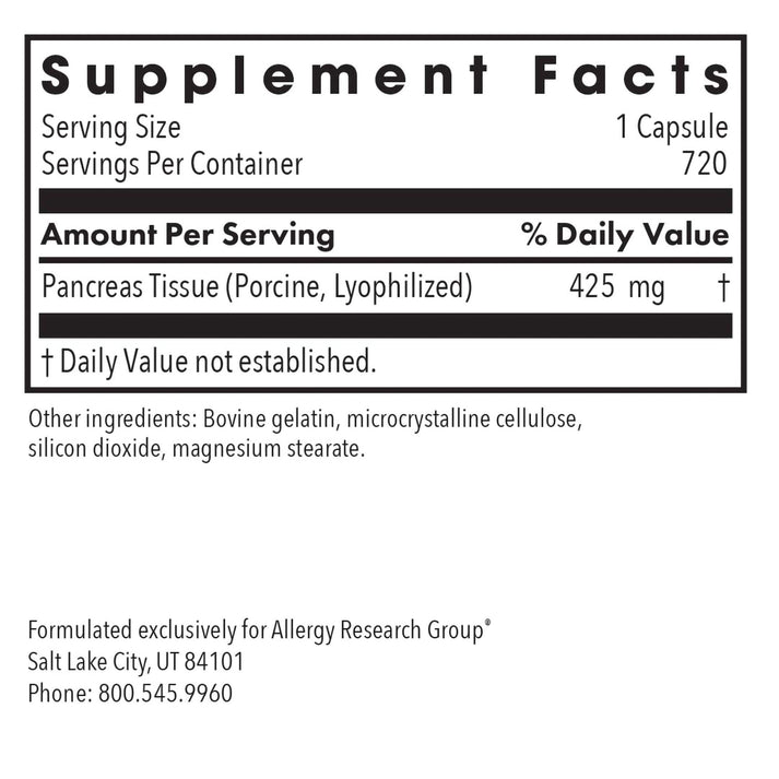 Supplement Facts panel for Pancreas Pork natural glandular supplement showing porcine pancreas tissue per serving