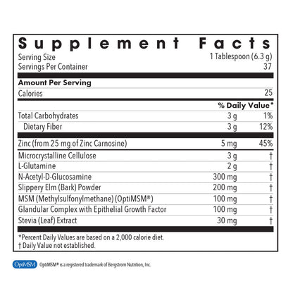 Supplement Facts panel for Perm A vite Powder showing zinc carnosine, L-glutamine, N-acetyl-D-glucosamine, slippery elm, MSM, and gut lining support ingredients