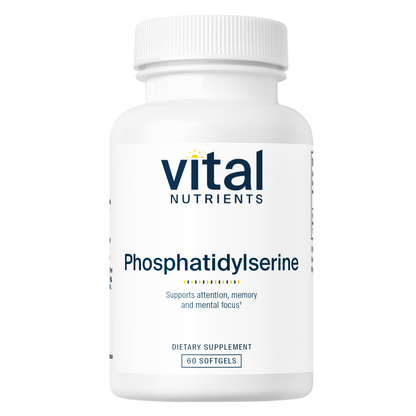 A white bottle of dietary supplement labeled "Phosphatidylserine" by Vital Nutrients, containing 60 softgels.