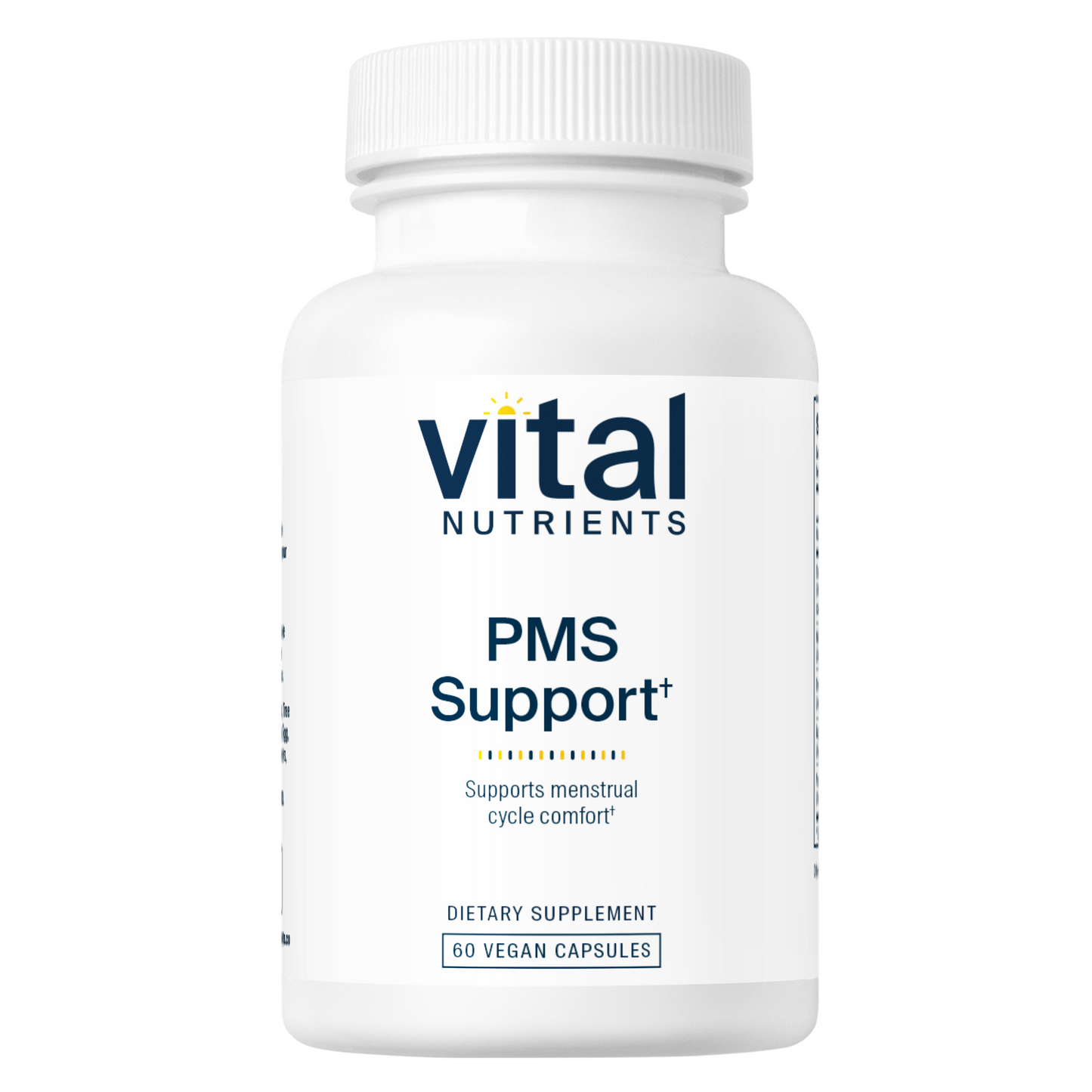 A white bottle of "Vital Nutrients PMS Support" dietary supplement, containing 60 vegan capsules, labeled for menstrual cycle comfort.