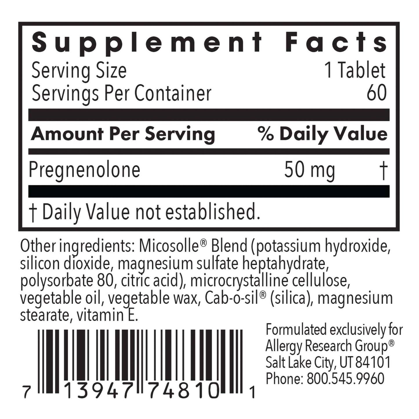 Pregnenolone 50 mg - supplement fact labe with Pregnenolone