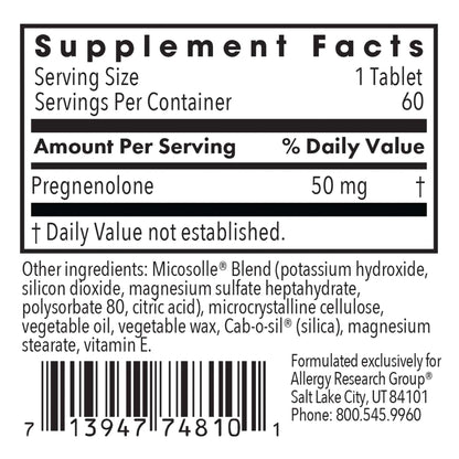 Pregnenolone 50 mg - supplement fact labe with Pregnenolone