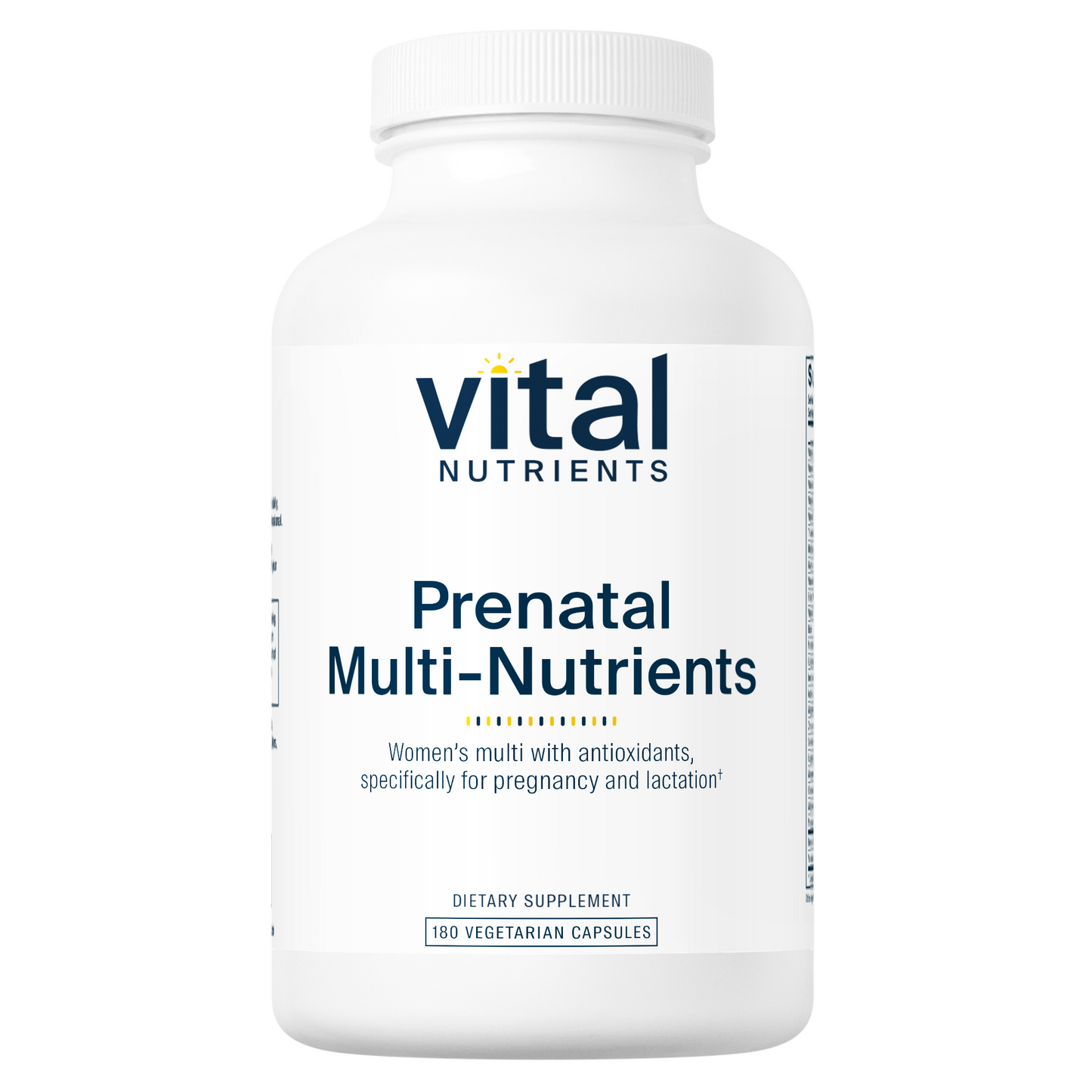 A white bottle labeled "Vital Nutrients Prenatal Multi-Nutrients" with 180 vegetarian capsules, designed for pregnancy and lactation.