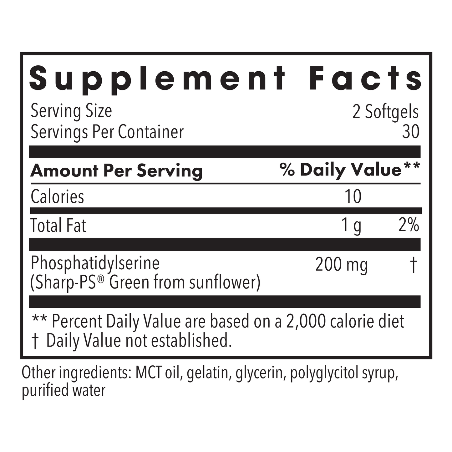 Supplement Facts panel for PS-100 showing two softgels per serving and 200 mg phosphatidylserine