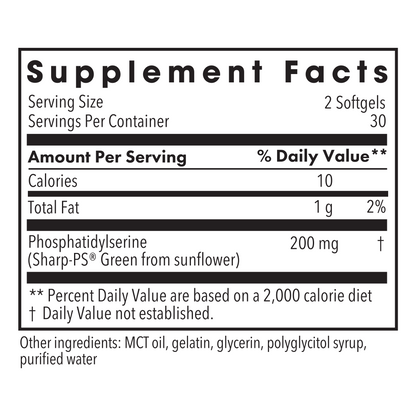 Supplement Facts panel for PS-100 showing two softgels per serving and 200 mg phosphatidylserine