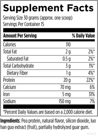 PurePea™ Vanilla, 450 g (1 lb) powder supplement facts image