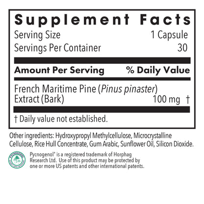 Pycnogenol® 100 - supplement fact label with French Maritime Pine Extract