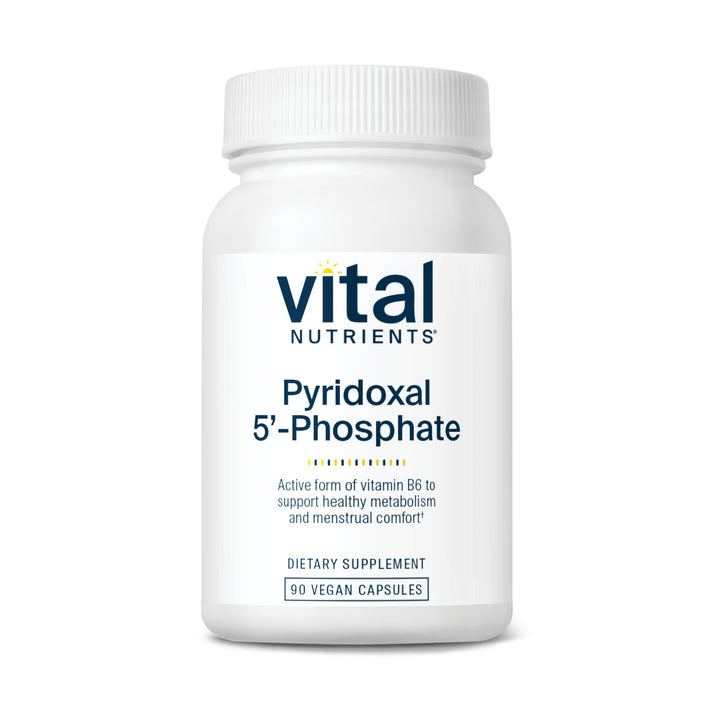 A white bottle labeled "Vital Nutrients Pyridoxal 5'-Phosphate," containing 90 vegan capsules, promoting vitamin B6 for metabolism and comfort.
