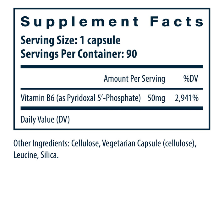 Vital Nutrients Pyridoxal-5 Phosphate 50mg/serving dietary supplement facts.
