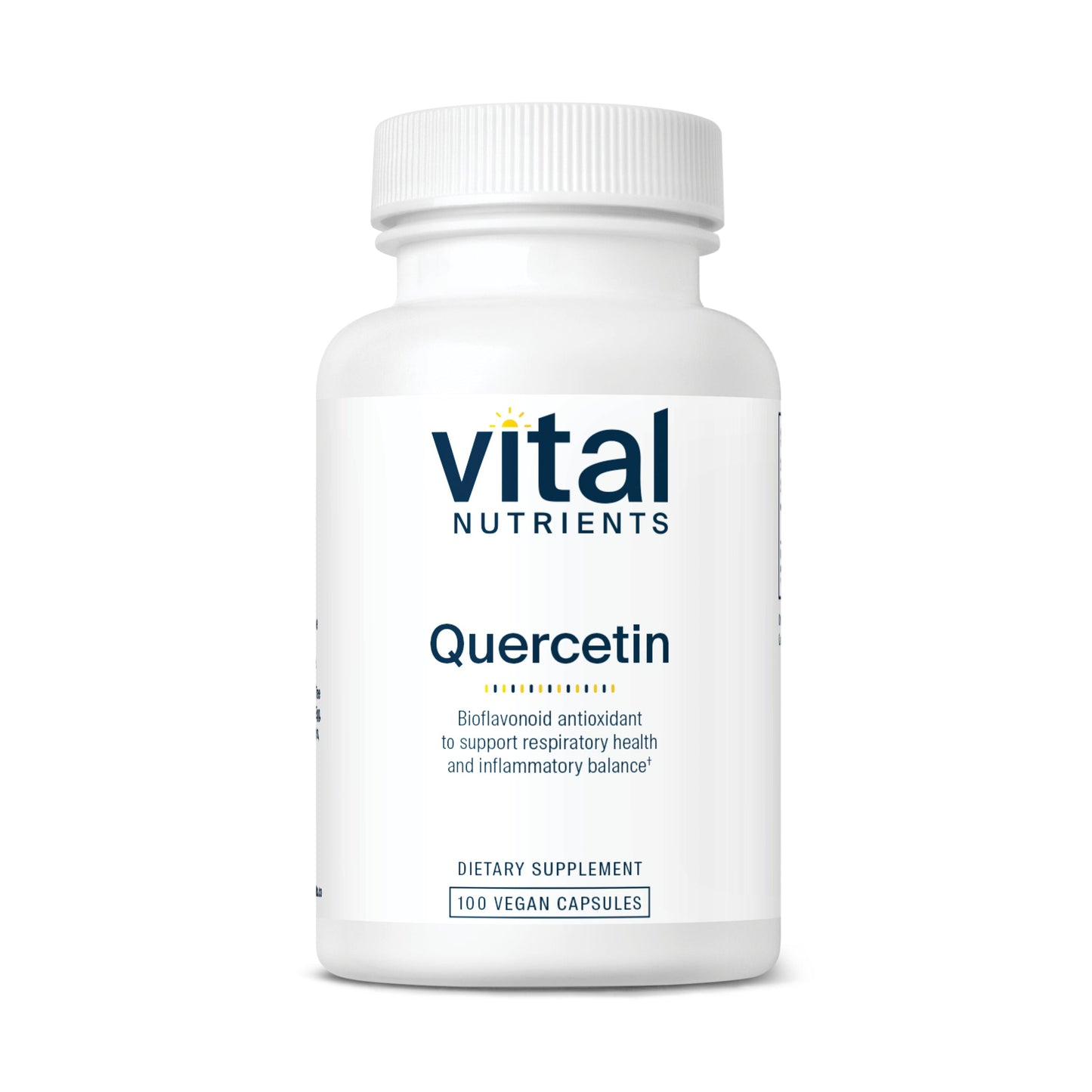 A white bottle of "Vital Nutrients Quercetin" dietary supplement, containing 100 vegan capsules, labeled as a bioflavonoid antioxidant.