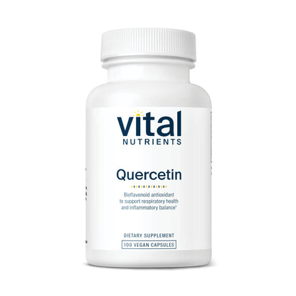 A white bottle of "Vital Nutrients Quercetin" dietary supplement, containing 100 vegan capsules, labeled as a bioflavonoid antioxidant.