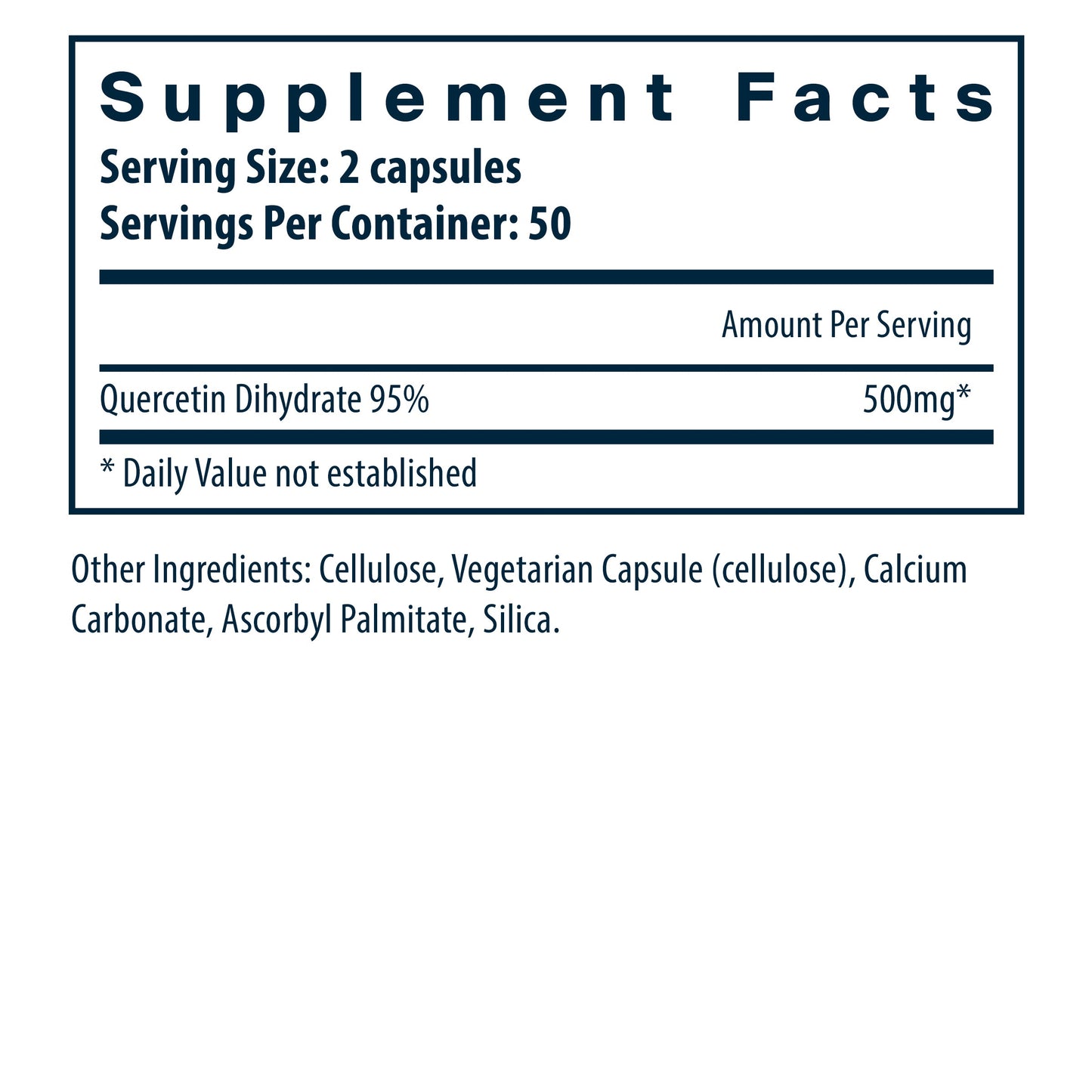 Supplement facts label showing serving size of 2 capsules, containing 500mg of Quercetin Dihydrate 95%. Other ingredients listed.