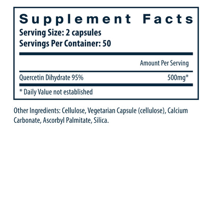 Supplement facts label showing serving size of 2 capsules, containing 500mg of Quercetin Dihydrate 95%. Other ingredients listed.