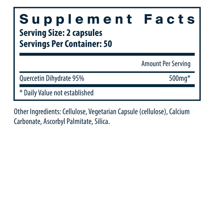 Supplement facts label showing serving size of 2 capsules, containing 500mg of Quercetin Dihydrate 95%. Other ingredients listed.