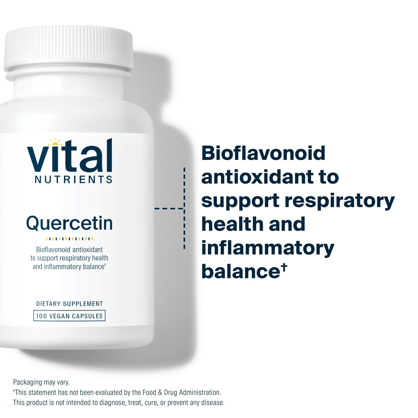 A bottle of Quercetin dietary supplement by Vital Nutrients, labeled as a bioflavonoid antioxidant for respiratory health.
