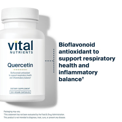 A bottle of Quercetin dietary supplement by Vital Nutrients, labeled as a bioflavonoid antioxidant for respiratory health.
