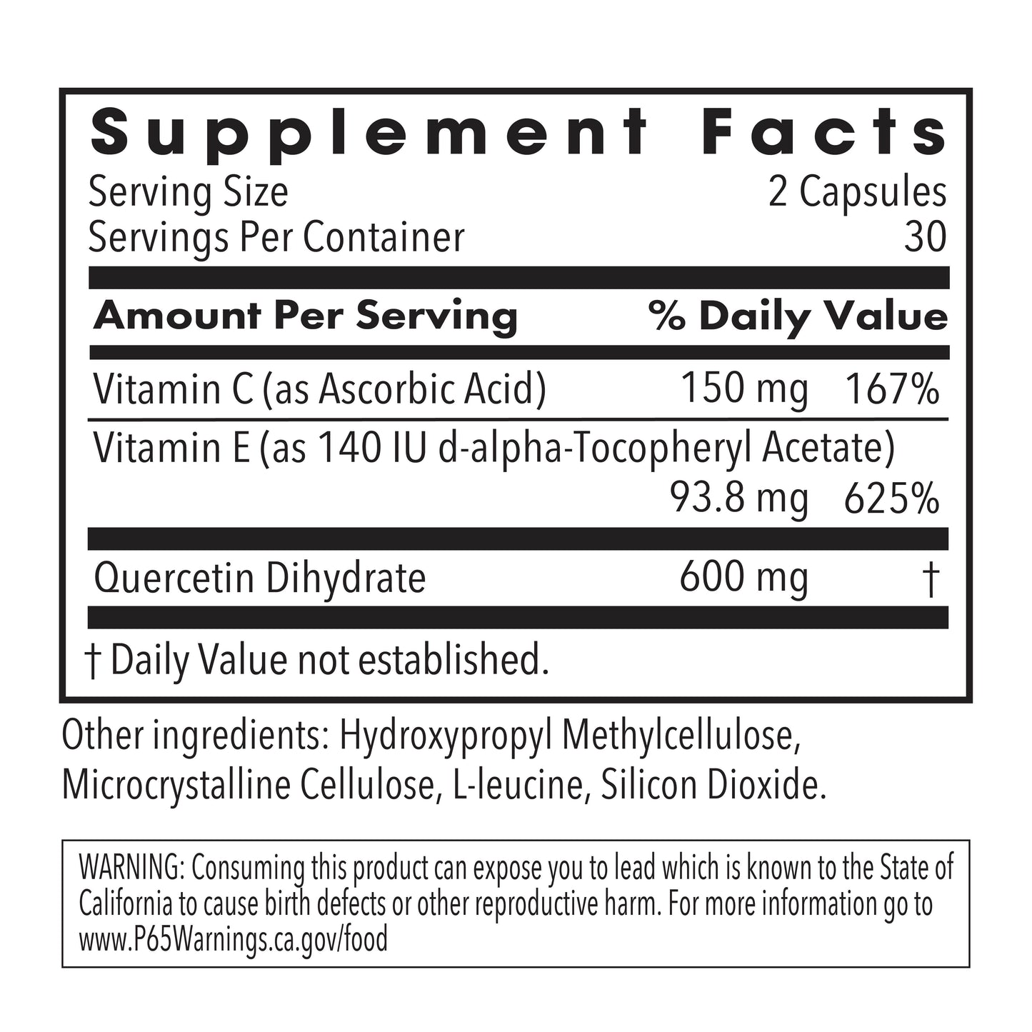 Supplement Facts panel for Quercetin 300 showing quercetin dihydrate, vitamin C, and vitamin E