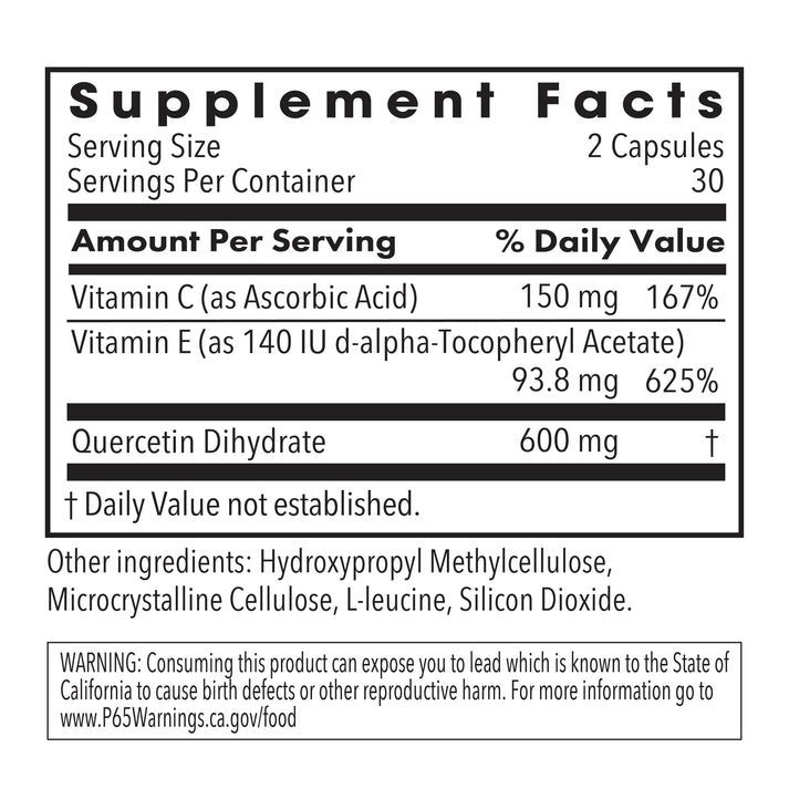 Supplement Facts panel for Quercetin 300 showing quercetin dihydrate, vitamin C, and vitamin E