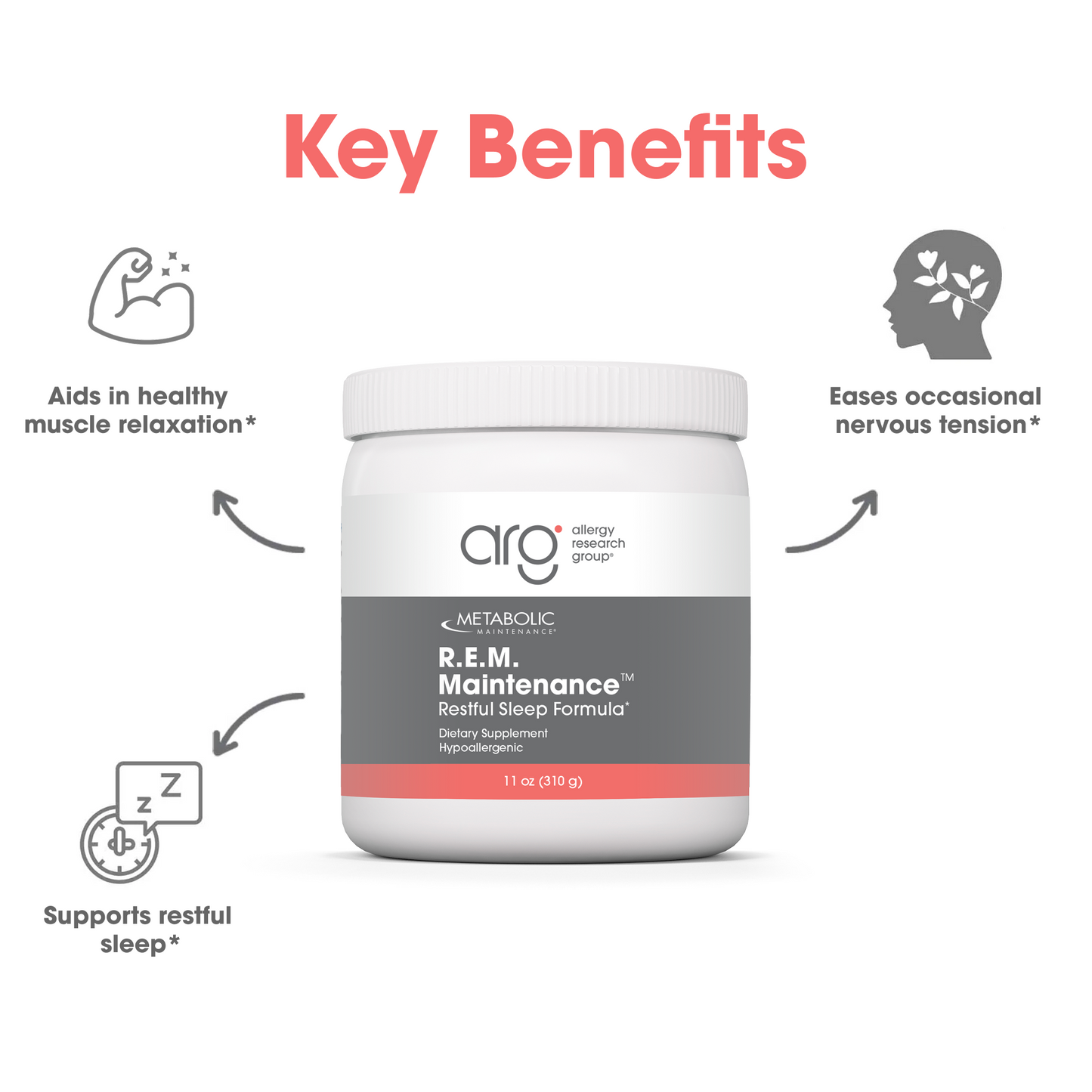 Suggested Use graphic showing one scoop in water and the Metabolic Maintenance R.E.M. Maintenance bottle.