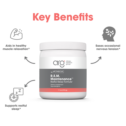 Suggested Use graphic showing one scoop in water and the Metabolic Maintenance R.E.M. Maintenance bottle.