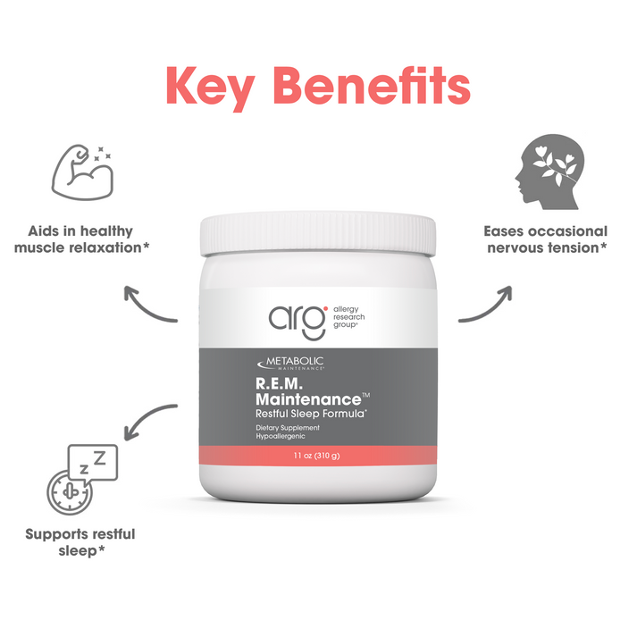 Suggested Use graphic showing one scoop in water and the Metabolic Maintenance R.E.M. Maintenance bottle.