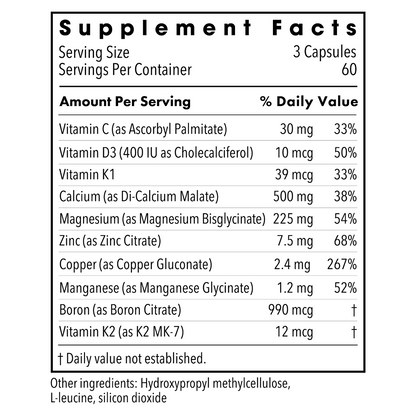 Rebuild Bone Health Support bottle showing Supplement Facts panel