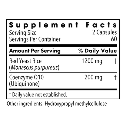 Red Yeast Rice with CoQ10 Supplement Facts panel showing 1200 mg red yeast rice and 200 mg coenzyme Q10 per serving