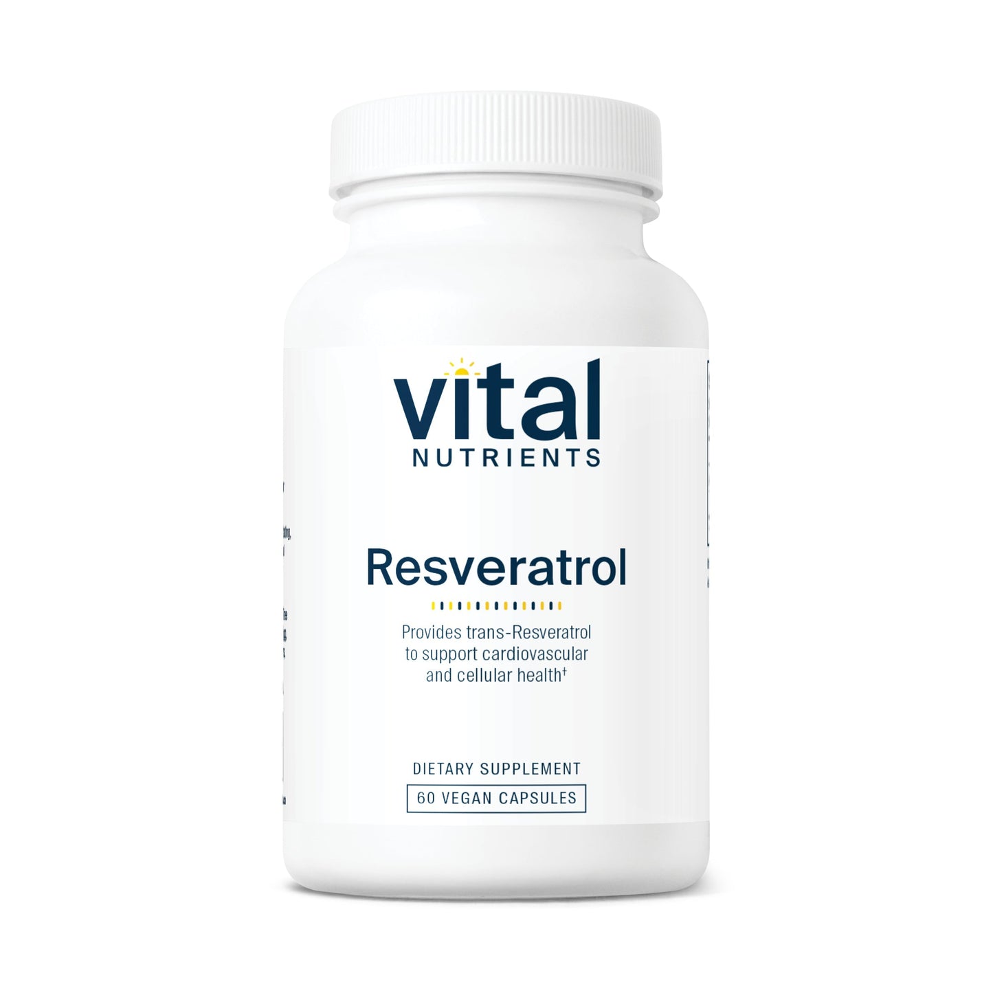 A white bottle labeled "Vital Nutrients Resveratrol," containing 60 vegan capsules for cardiovascular and cellular health.
