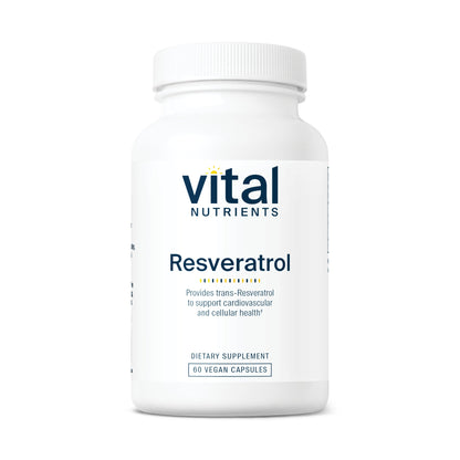 A white bottle labeled "Vital Nutrients Resveratrol," containing 60 vegan capsules for cardiovascular and cellular health.