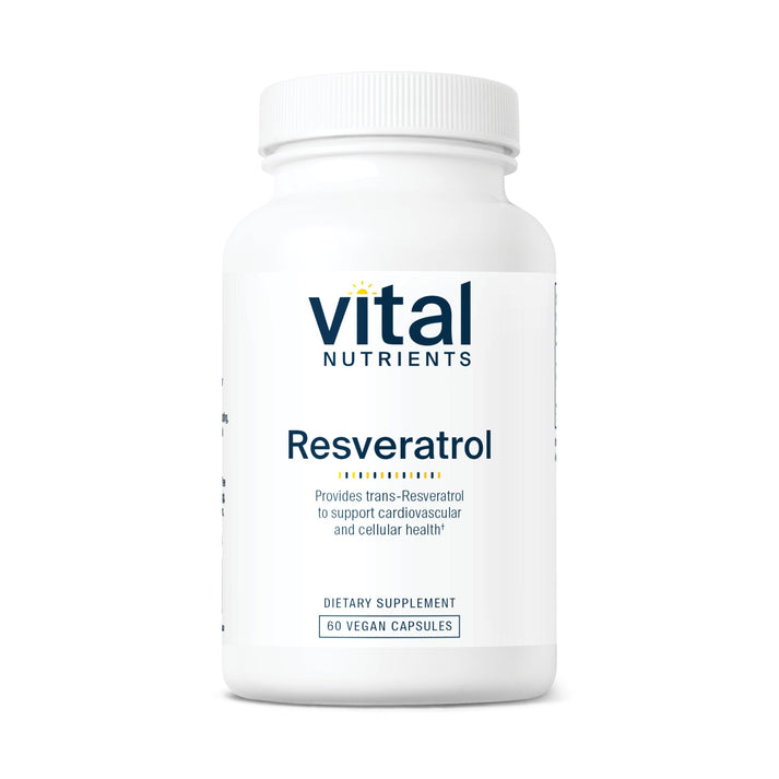 A white bottle labeled "Vital Nutrients Resveratrol," containing 60 vegan capsules for cardiovascular and cellular health.