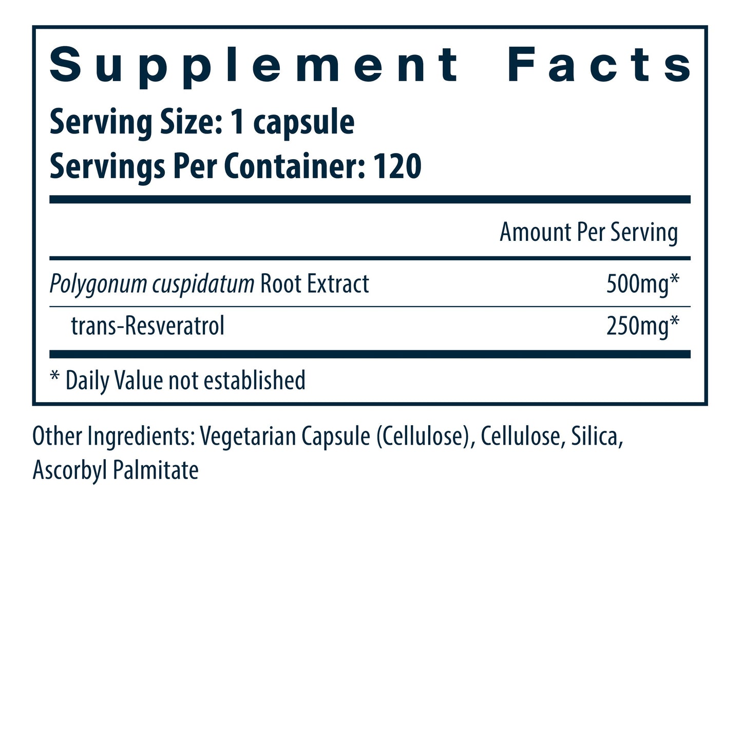 Supplement facts label detailing ingredients per serving: Polygonum cuspidatum Root Extract (500mg) and trans-Resveratrol (250mg).