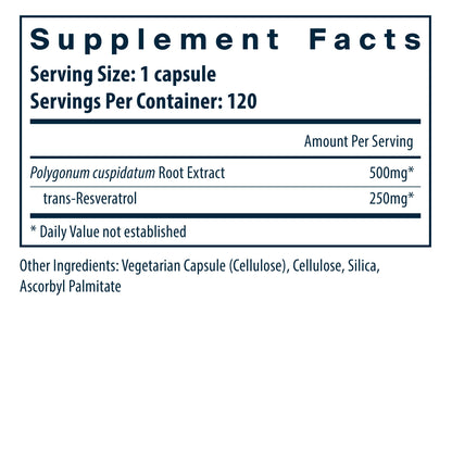 Supplement facts label detailing ingredients per serving: Polygonum cuspidatum Root Extract (500mg) and trans-Resveratrol (250mg).