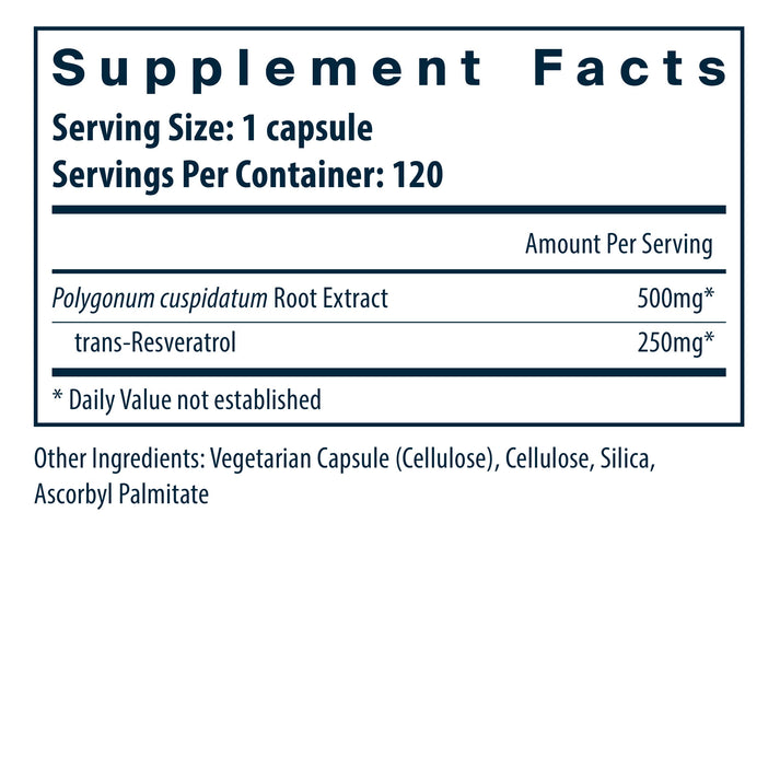 Supplement facts label detailing ingredients per serving: Polygonum cuspidatum Root Extract (500mg) and trans-Resveratrol (250mg).