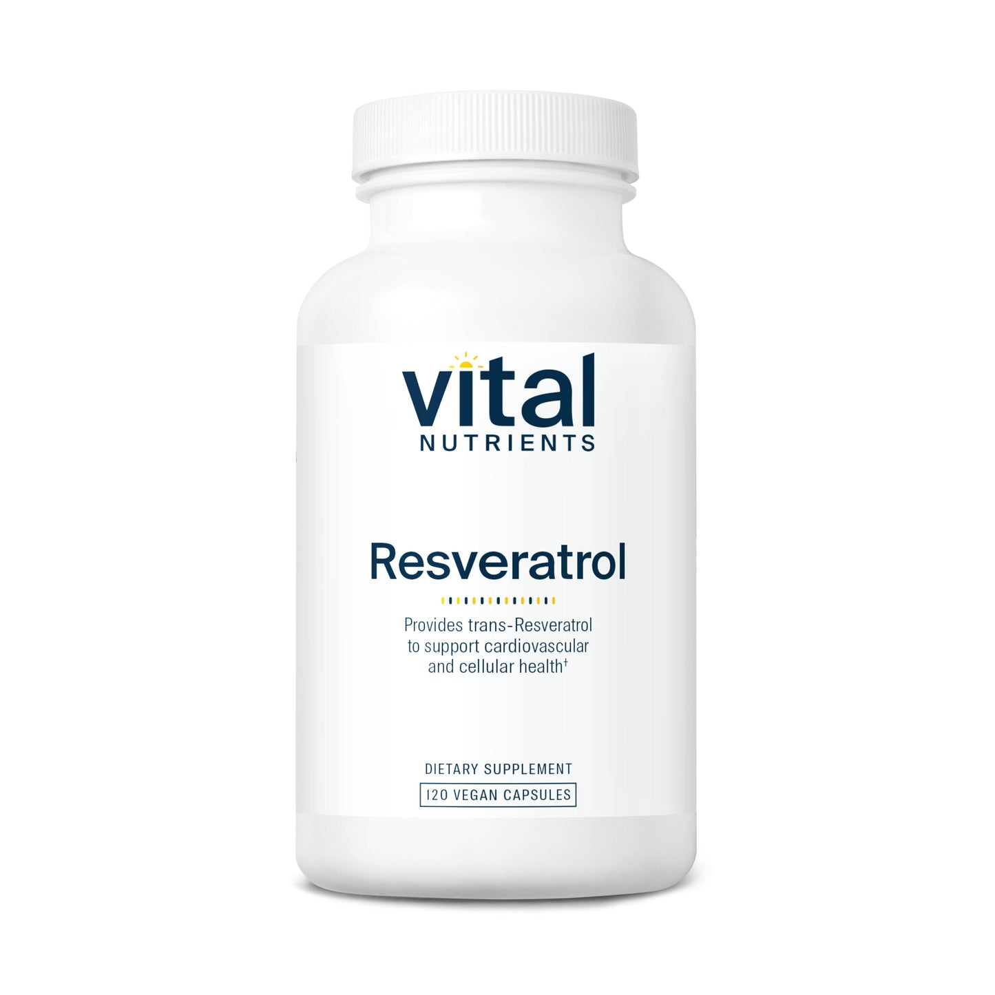 A white bottle labeled "Vital Nutrients Resveratrol," containing 120 vegan capsules, promoting cardiovascular and cellular health.