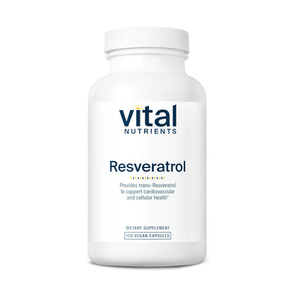 A white bottle labeled "Vital Nutrients Resveratrol," containing 120 vegan capsules, promoting cardiovascular and cellular health.