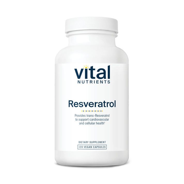 A white bottle labeled "Vital Nutrients Resveratrol," containing 120 vegan capsules, promoting cardiovascular and cellular health.
