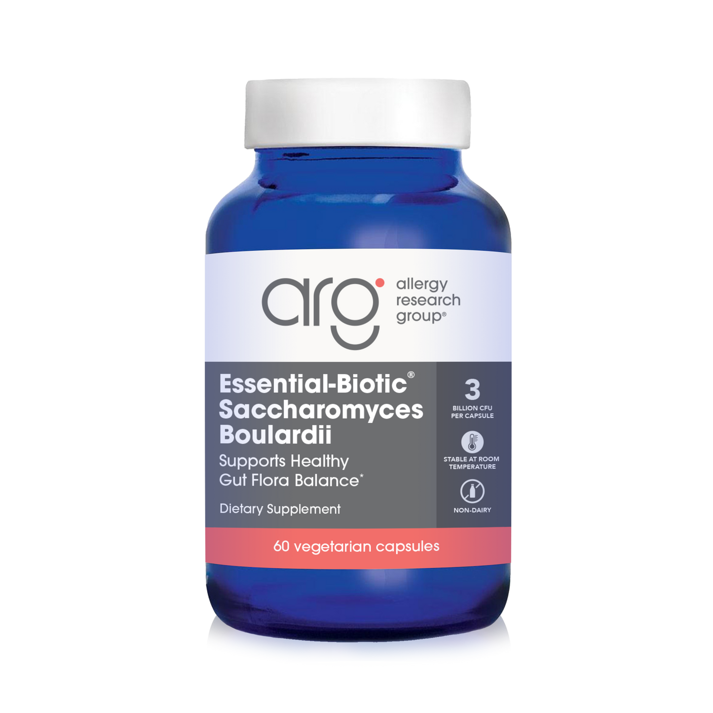 Allergy Research Group Essential-Biotic Saccharomyces Boulardii probiotic bottle, 60 vegetarian capsules for healthy gut flora and microbiome balance