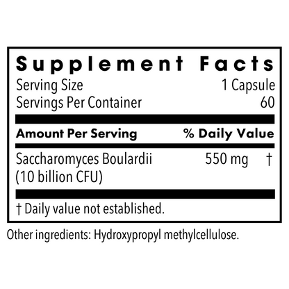 Saccharomyces Boulardii Supplement Facts panel showing 550 mg Saccharomyces boulardii providing 10 billion CFU per capsule