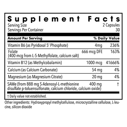 Supplement Facts panel for SAMe + Cofactors showing vitamin B6, folate, vitamin B12, magnesium, calcium, and SAMe