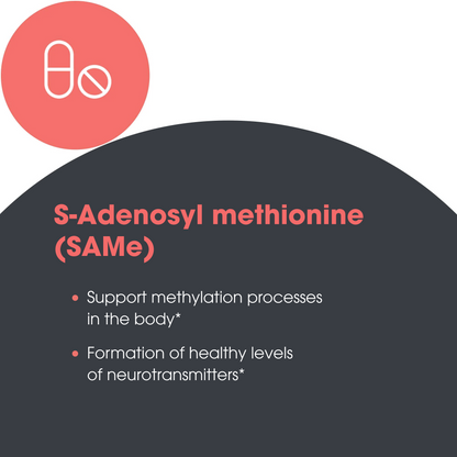 SAMe + Cofactors ingredient benefits infographic highlighting S-adenosyl methionine support for methylation processes and healthy neurotransmitter formation