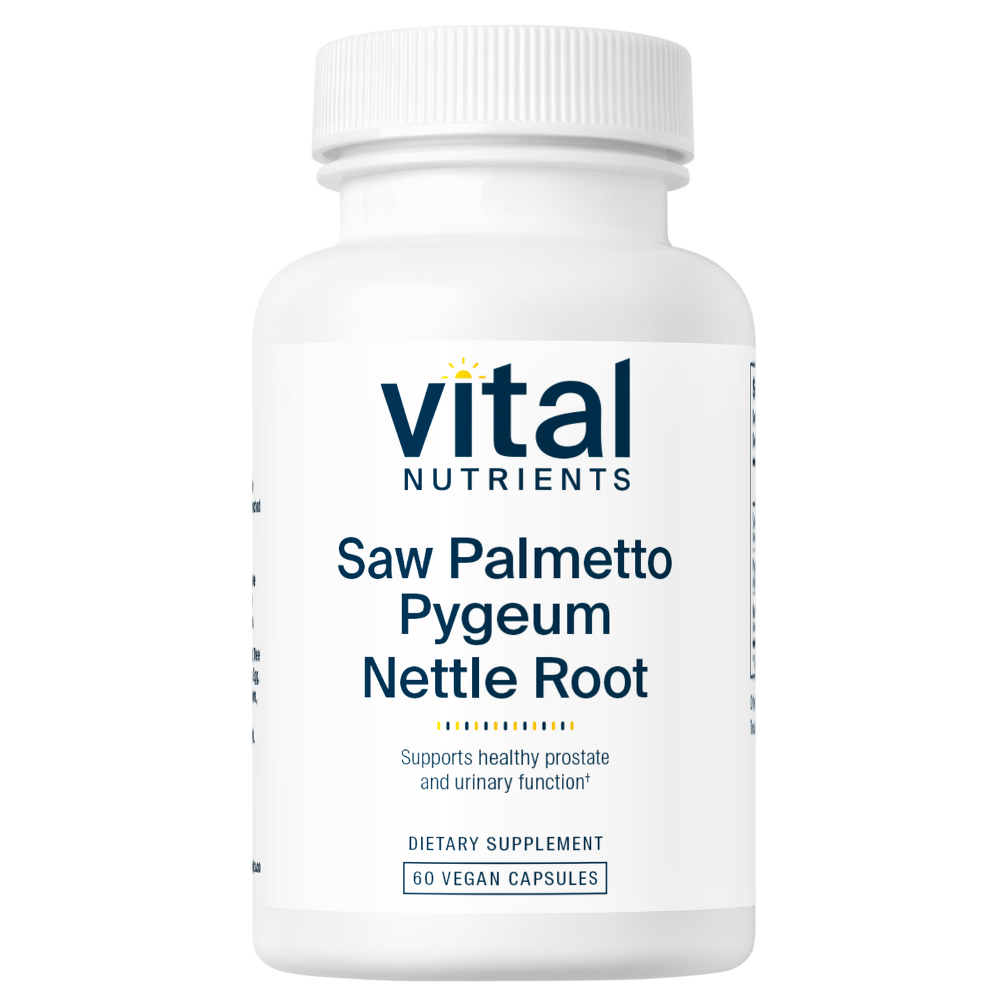 A white bottle of dietary supplement labeled "Vital Nutrients" containing "Saw Palmetto, Pygeum, Nettle Root" with 60 vegan capsules.