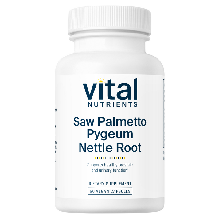 A white bottle of dietary supplement labeled "Vital Nutrients" containing "Saw Palmetto, Pygeum, Nettle Root" with 60 vegan capsules.