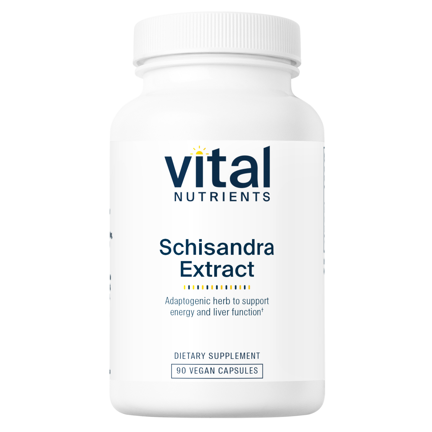 A white bottle of "Vital Nutrients" Schisandra Extract, labeled as a dietary supplement with 90 vegan capsules.