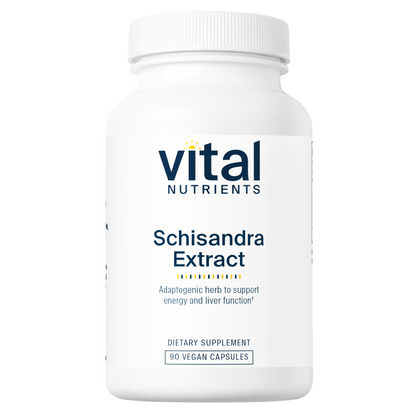 A white bottle of "Vital Nutrients" Schisandra Extract, labeled as a dietary supplement with 90 vegan capsules.
