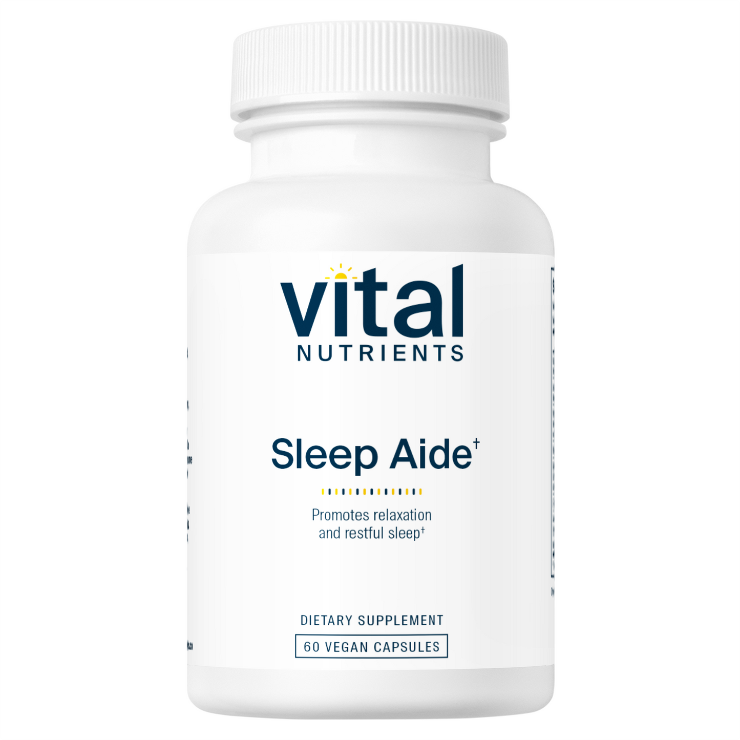 A white bottle labeled "Vital Nutrients Sleep Aide" with 60 vegan capsules, promoting relaxation and restful sleep.